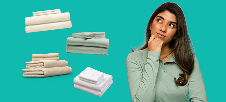 Picture of a woman wondering which bed sheet to choose