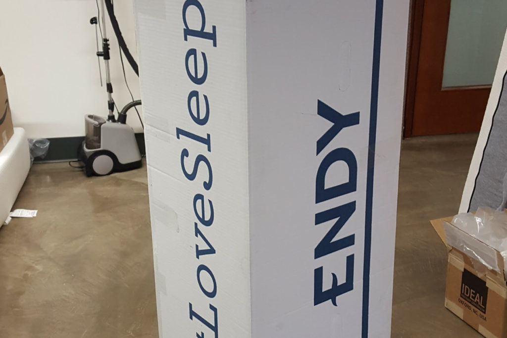 The box the Endy mattress arrives in