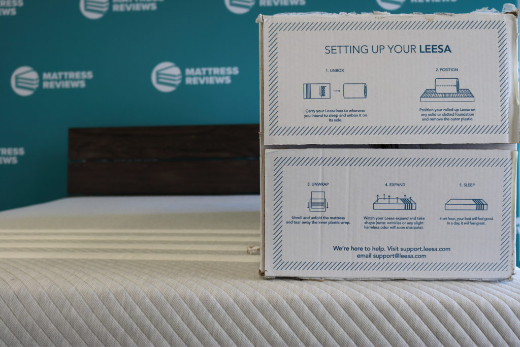 The Leesa and the box it was delivered in with instructions for set up