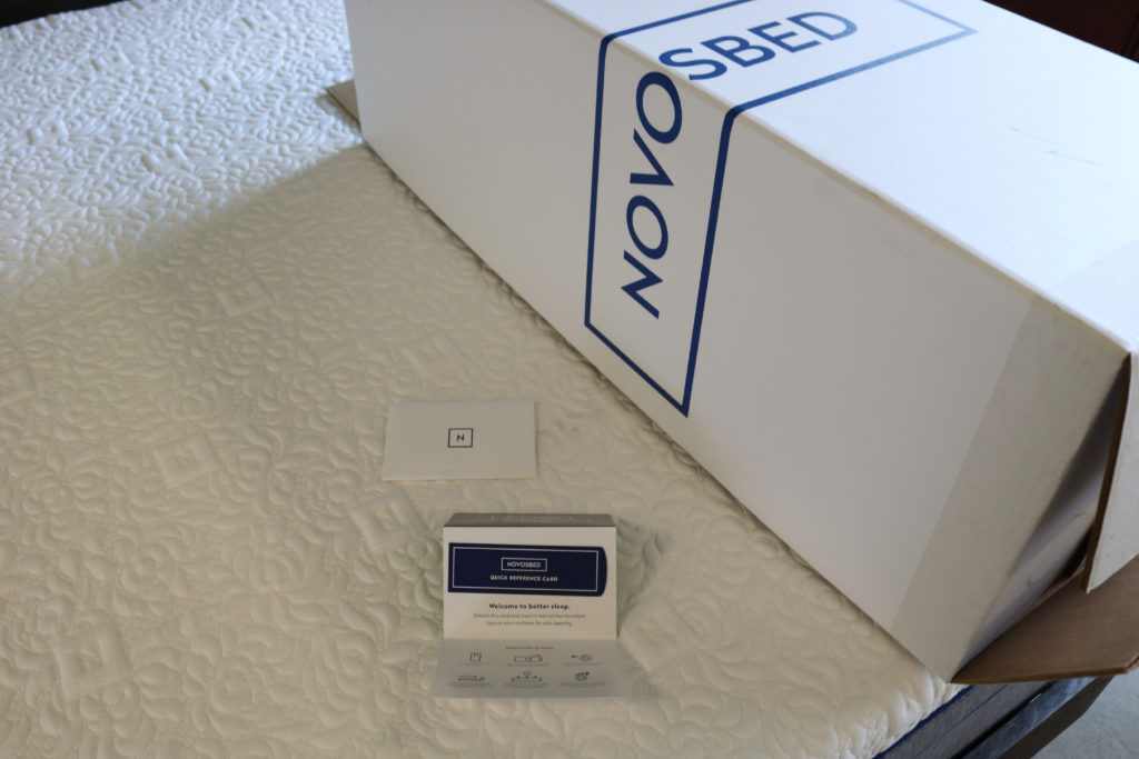 The Novosbed mattress, delivery box, and in-box paperwork