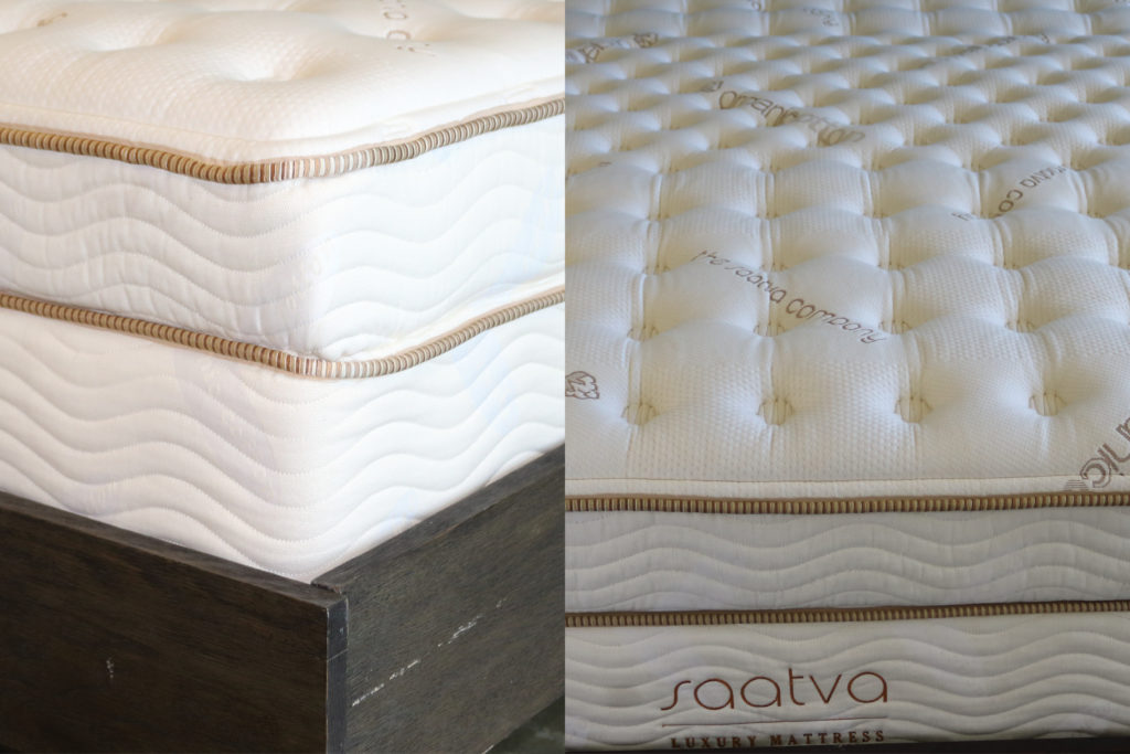 The corner of the Saatva mattress cover and a wide shot