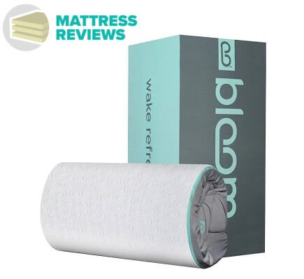 Image of the Bloom mattress rolled up in front of its box.