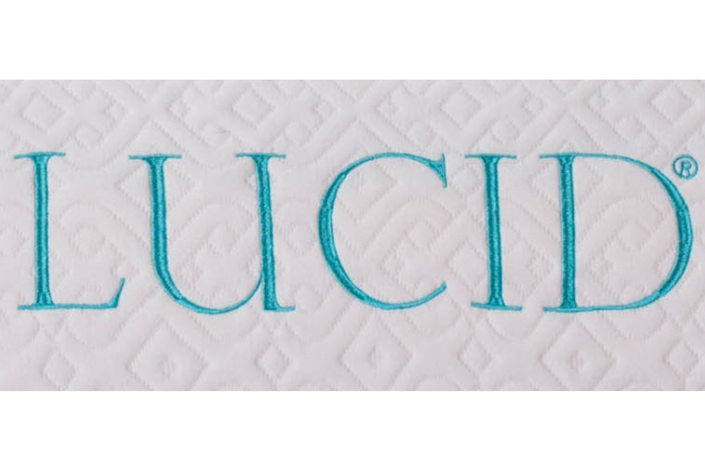 Image of the Lucid logo on the front cover of the Lucid mattress.