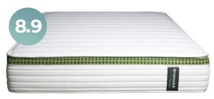 Image of the front of the Brunswick spring mattress with an 8.9 rating circle.