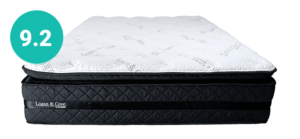 Image of the front of the Logan & Cove luxury hybrid mattress with a 9.2 rating circle.