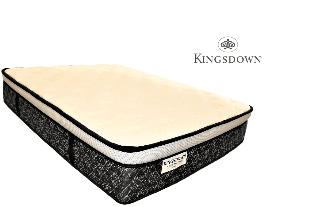 Image of the Kingsdown mattress company logo above picture of the Kingsdown mattress taken at a three quarter angle.