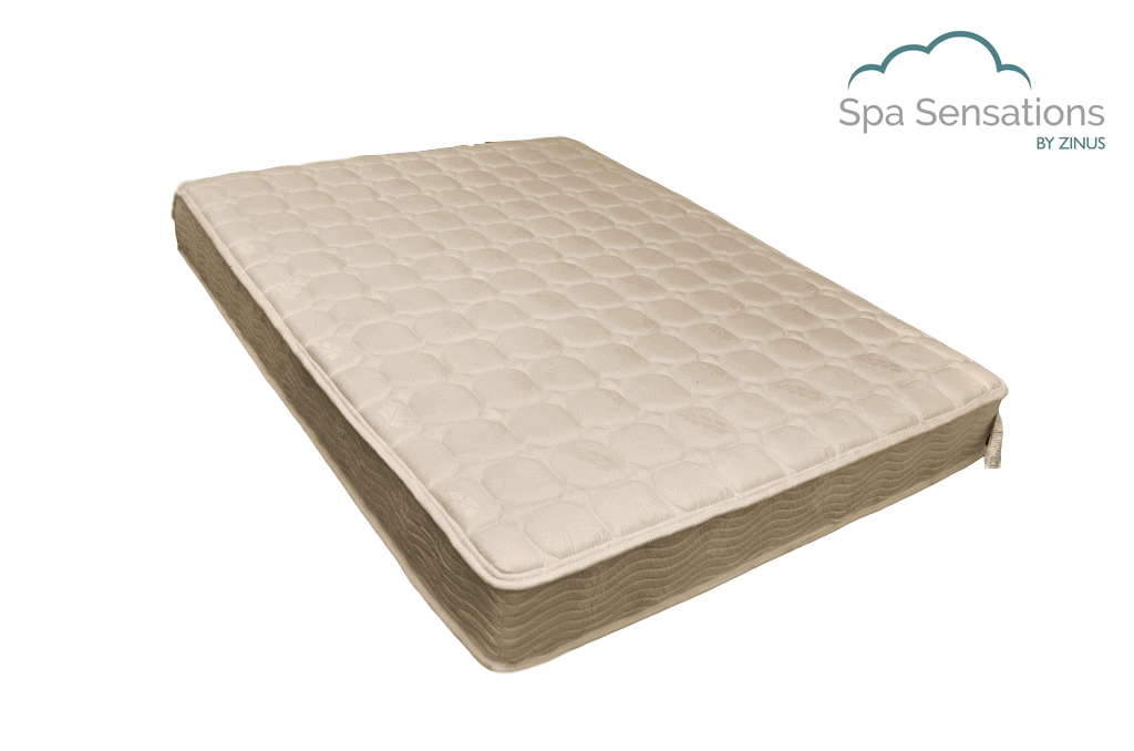 Image of the Spa Sensations mattress company logo above picture of the Spa Sensations mattress taken at a three quarter angle.