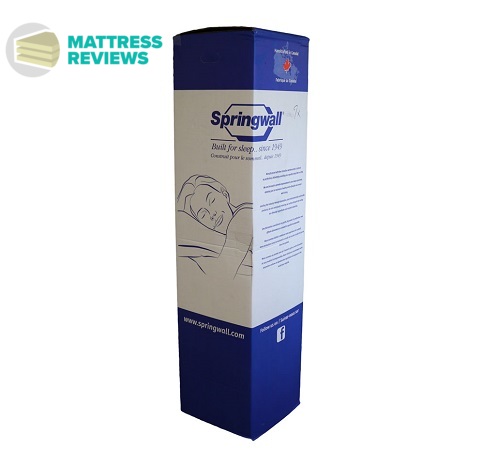 Image of the white and dark blue Springwall mattress box standing upright