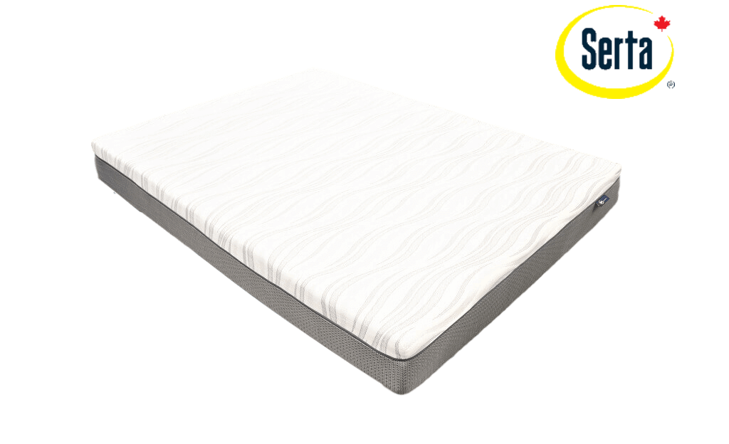 Image of the Serta Chinook mattress company logo above picture of the Serta Chinook mattress taken at a three quarter angle.