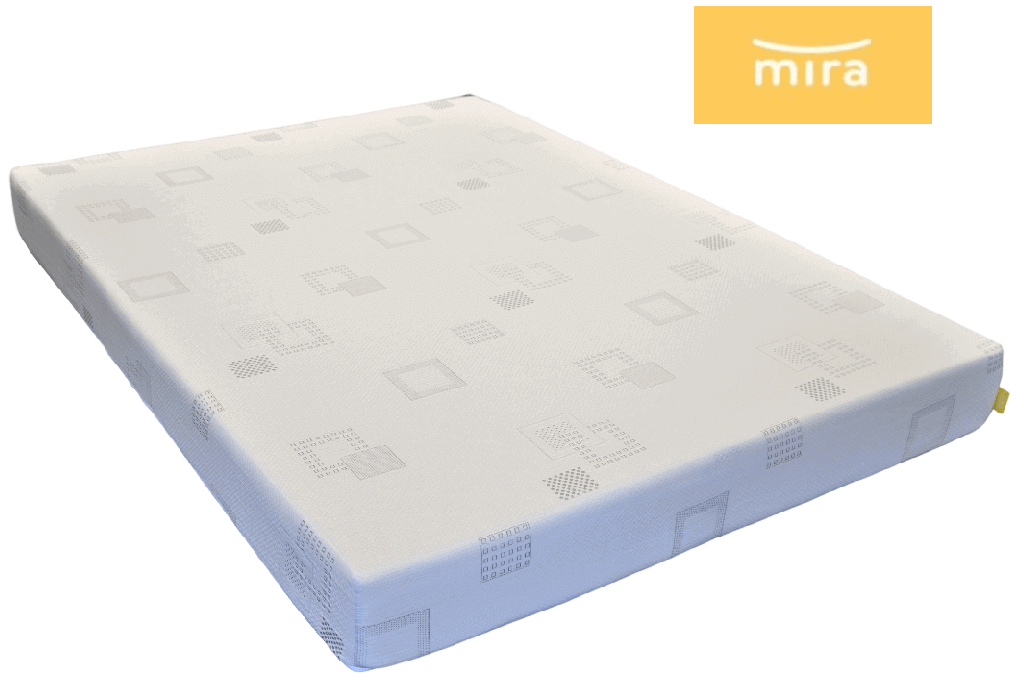 Image of the Mira Bed mattress company logo above picture of the Mira Bed mattress taken at a three-quarter angle.