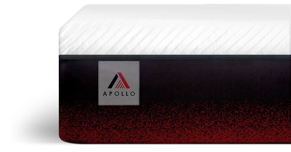 Side view of Apollo mattress, showing corner logo tag