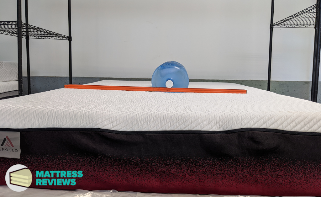 Water jug on Apollo mattress with level, to test firmness