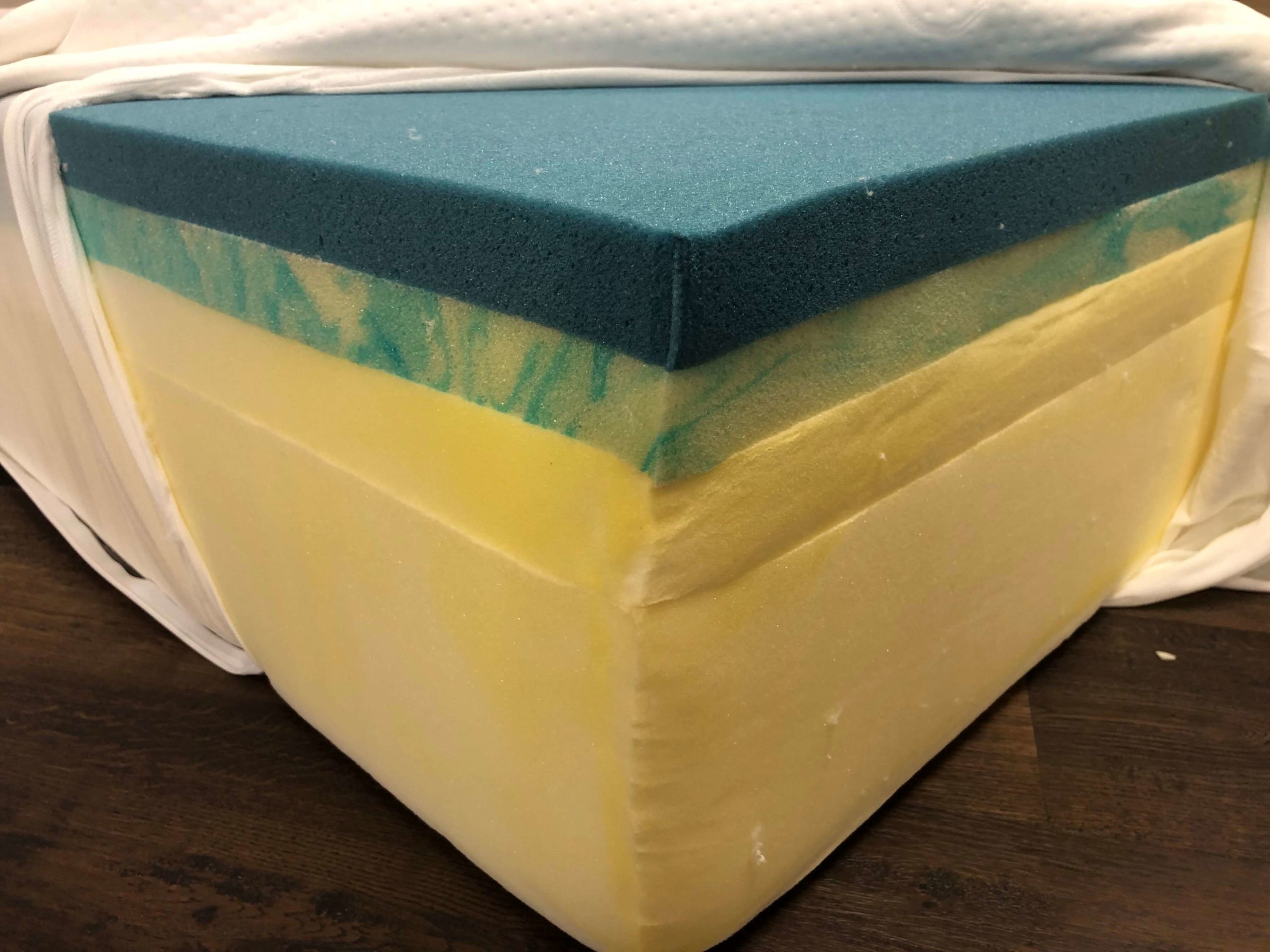 Close up image of the Puffy Lux Mattress layers under the cover.