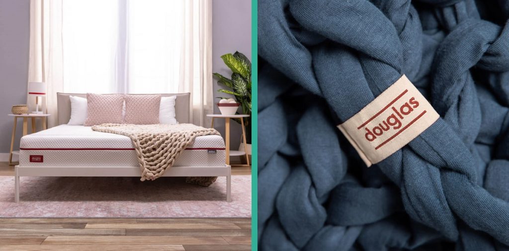 Photo of a cream-coloured weighted blanket on a white Douglas mattress; closeup photo of a blue braided Douglas weighted blanket with company logo