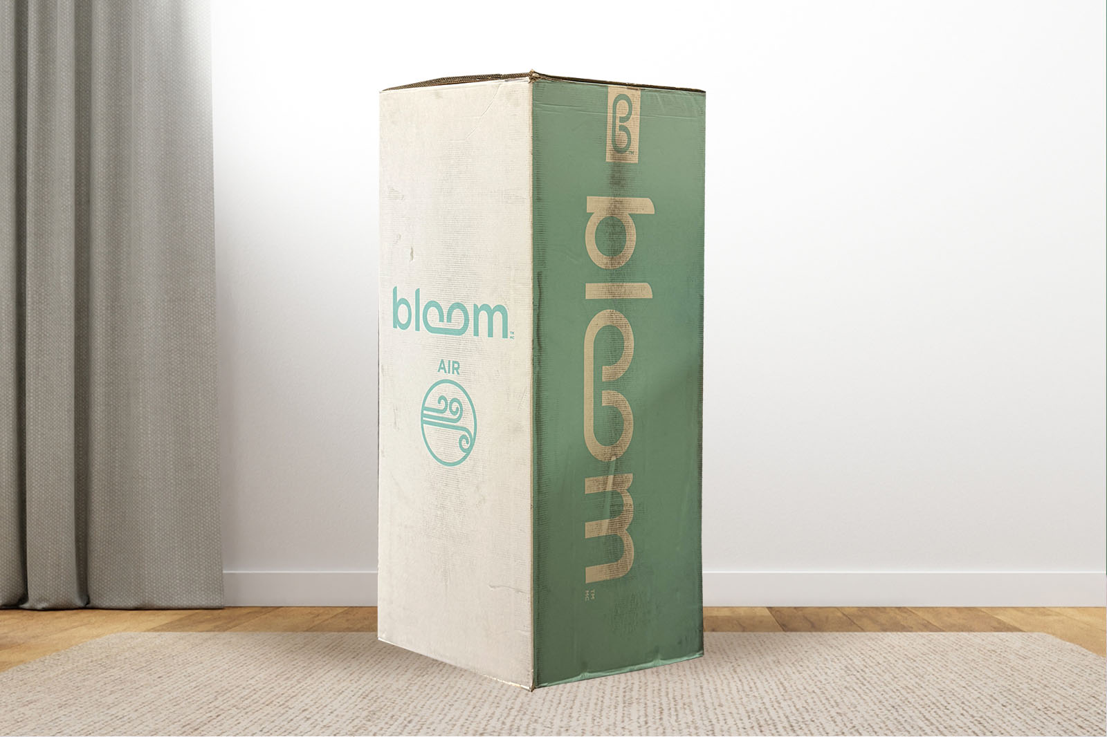 BloomAirBox 1 MattressReviewscom Bloom air box standing straight up on a carpet