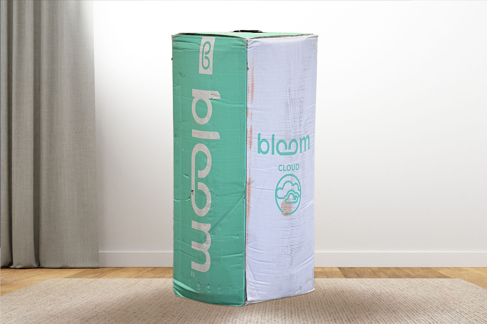 BloomCloudBox MattressReviewscom Bloom Cloud mattress delivery box on a carpet in a room