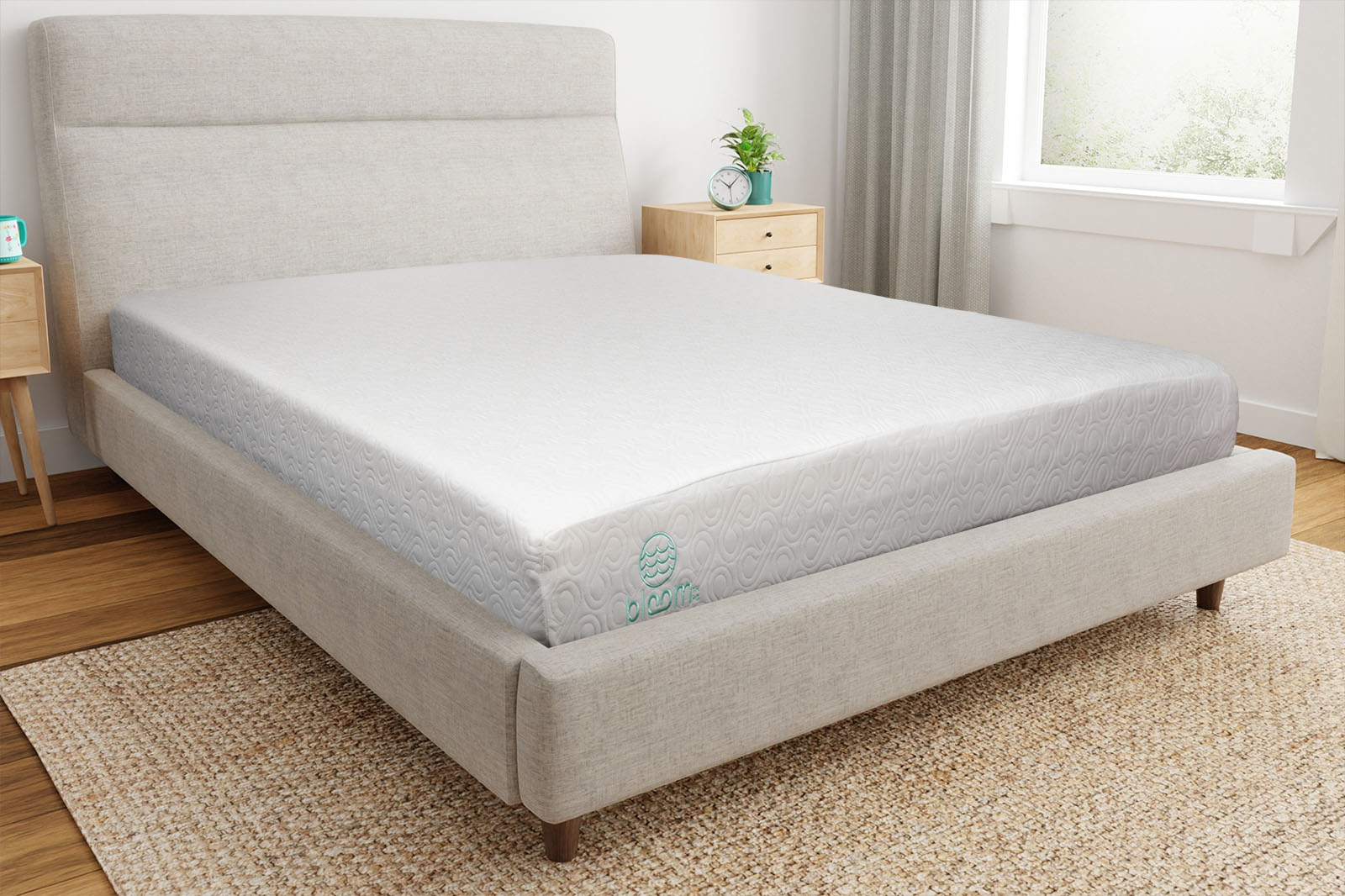 BloomRiverCornerAngle MattressReviewscom Photo of the Bloom River Mattress on a bedframe in a bedroom taken from a corner angle