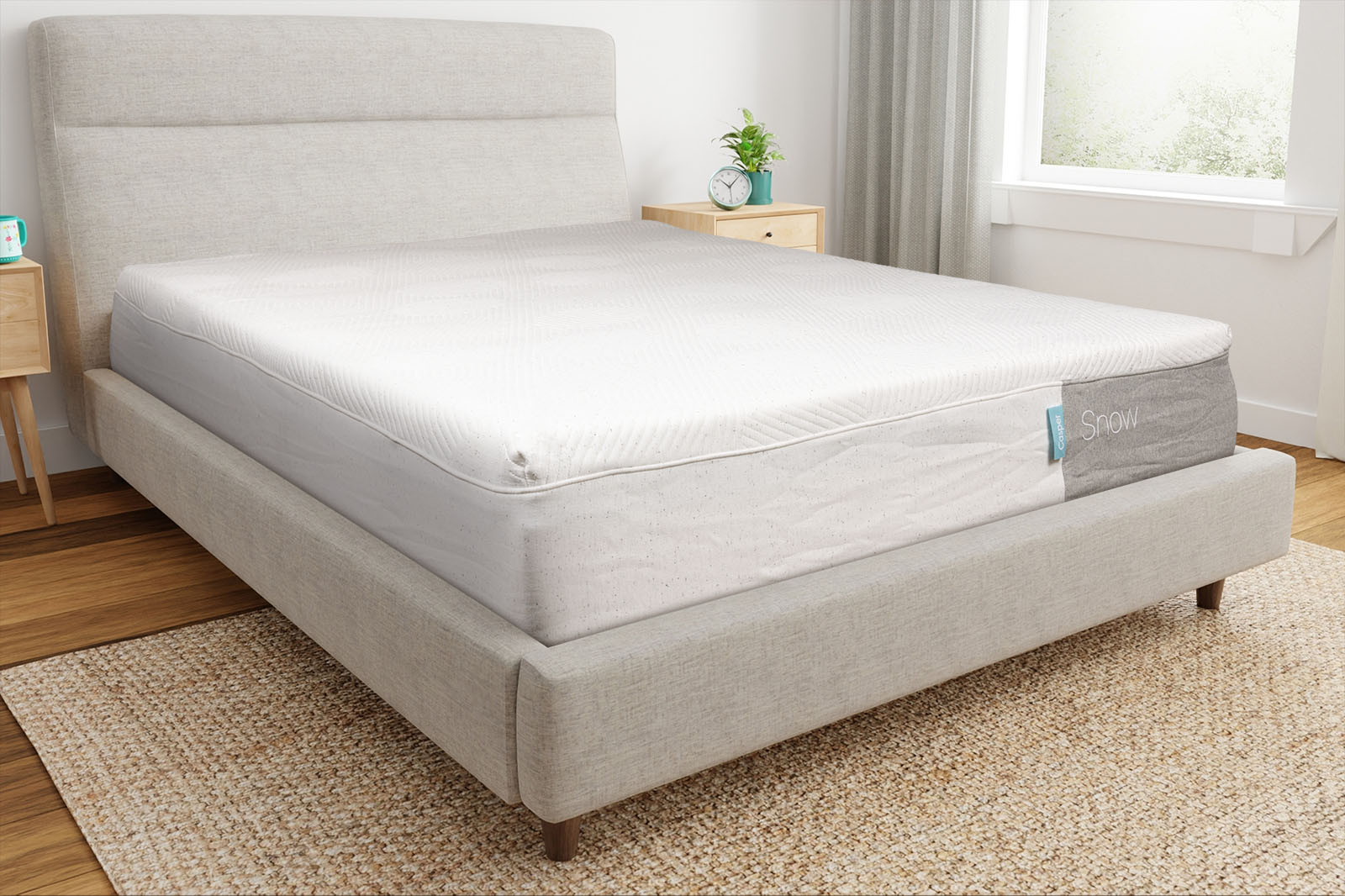 CasperSnowCornerAngle MattressReviewscom Corner view of the Casper Snow mattress on a bed