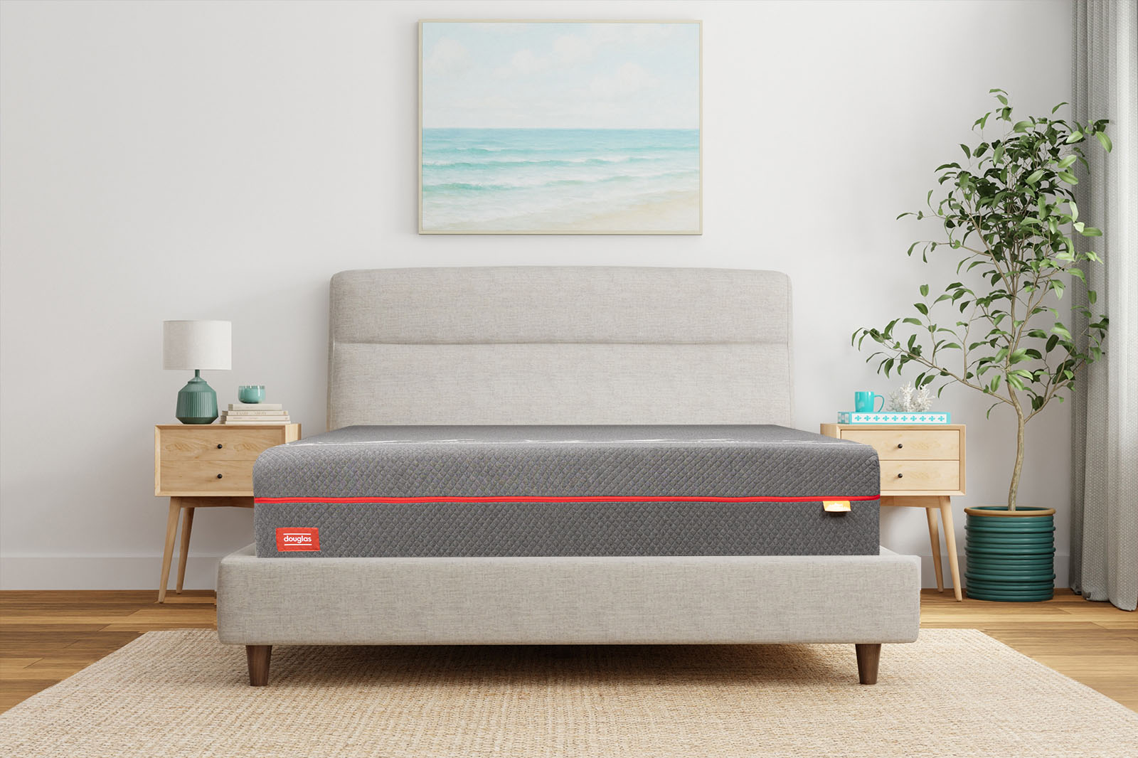 Front angle photo of a Douglas Alpine Hybrid mattress on a bed