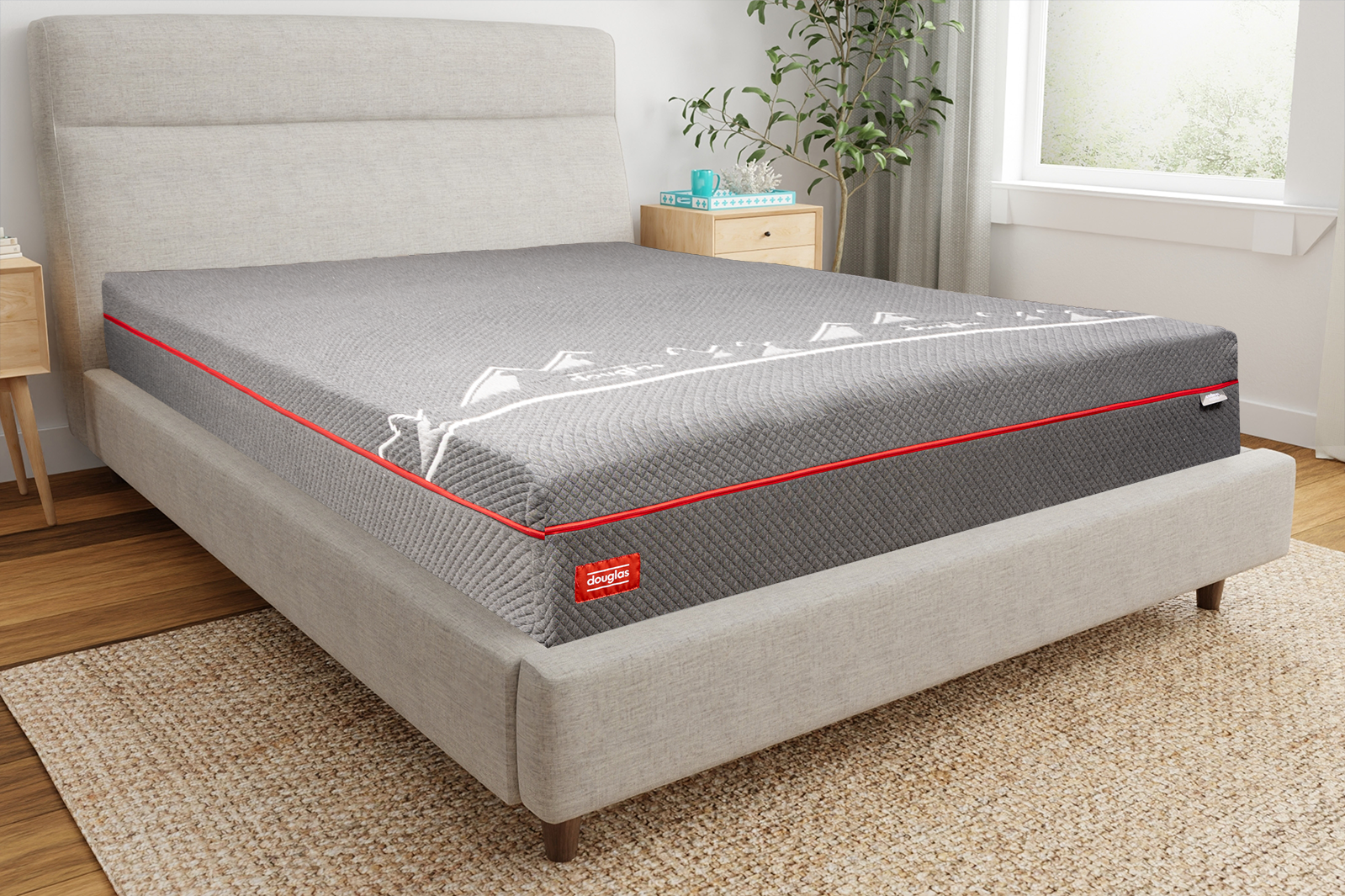 DGHybridOriginalCornerAngle MattressReviewscom Corner view of the Douglas Original Hybrid mattress on a bed
