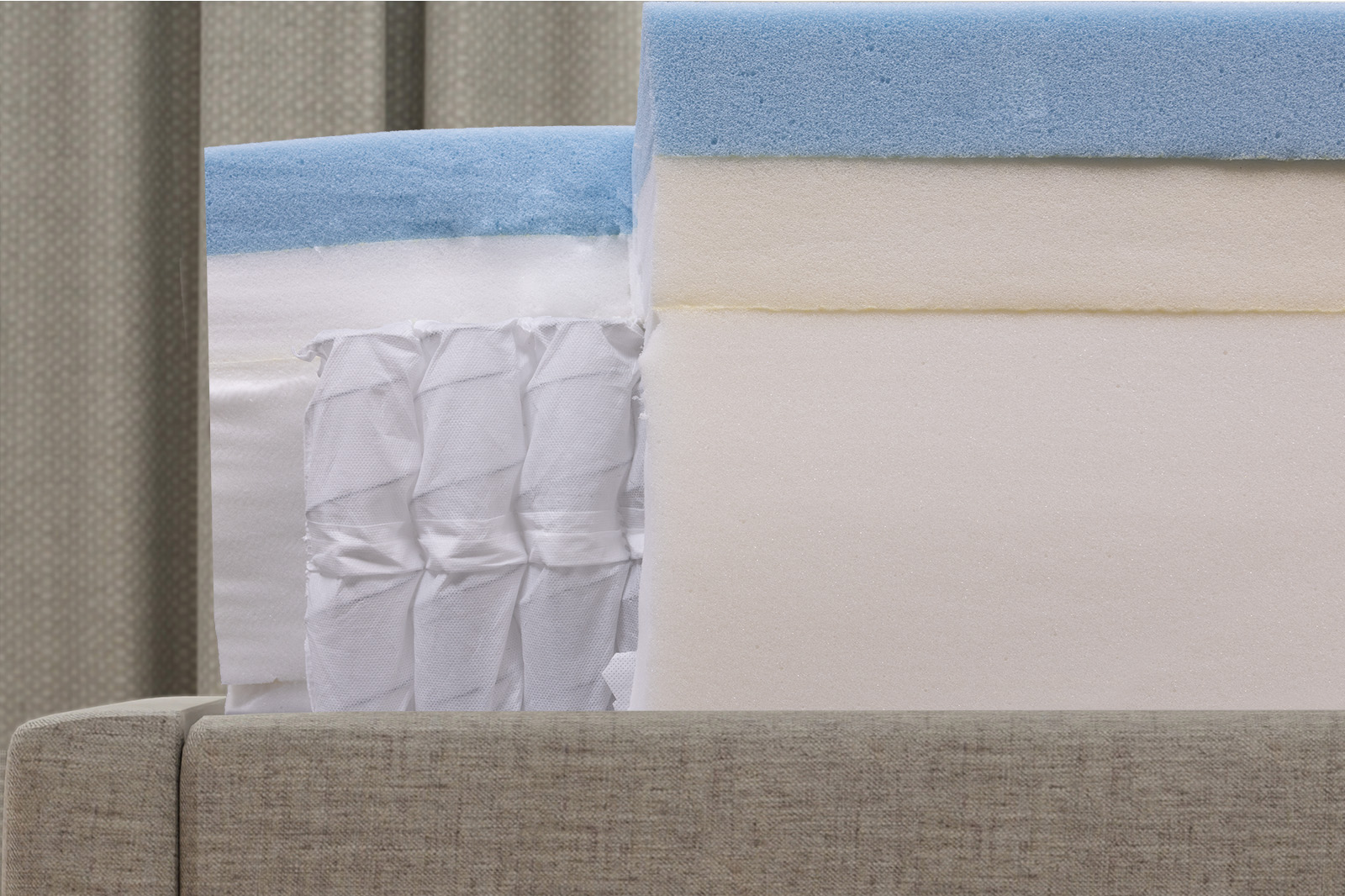 DGHybridSummitInternalsSide MattressReviewscom close up side view of the internal layers of the Douglas Summit Hybrid mattress