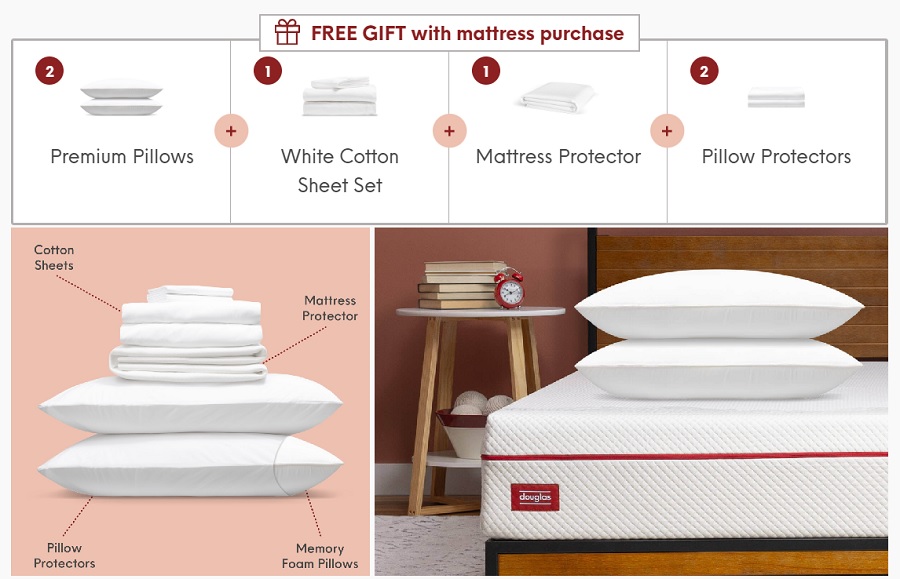 Free pillows, sheets, and bedding given away with every Douglas mattress purchase