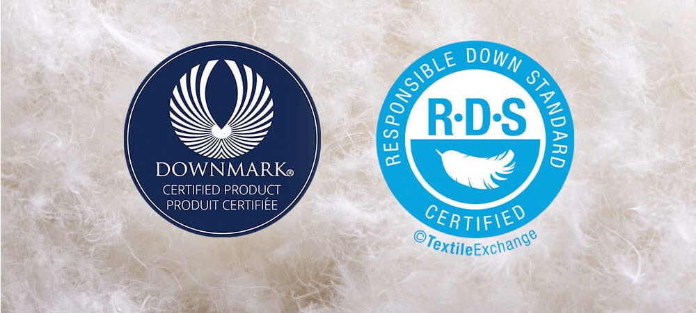 Downmark Certified Product and Responsible Down Standard Certified badges overlaid on a background of white duck down feather