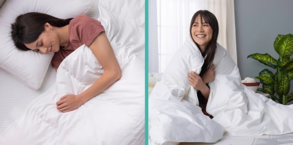 Two side-by-side images of a woman enjoying a white down duvet