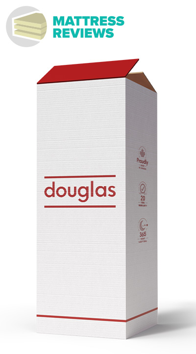 The white and red box of the Douglas Summit mattress