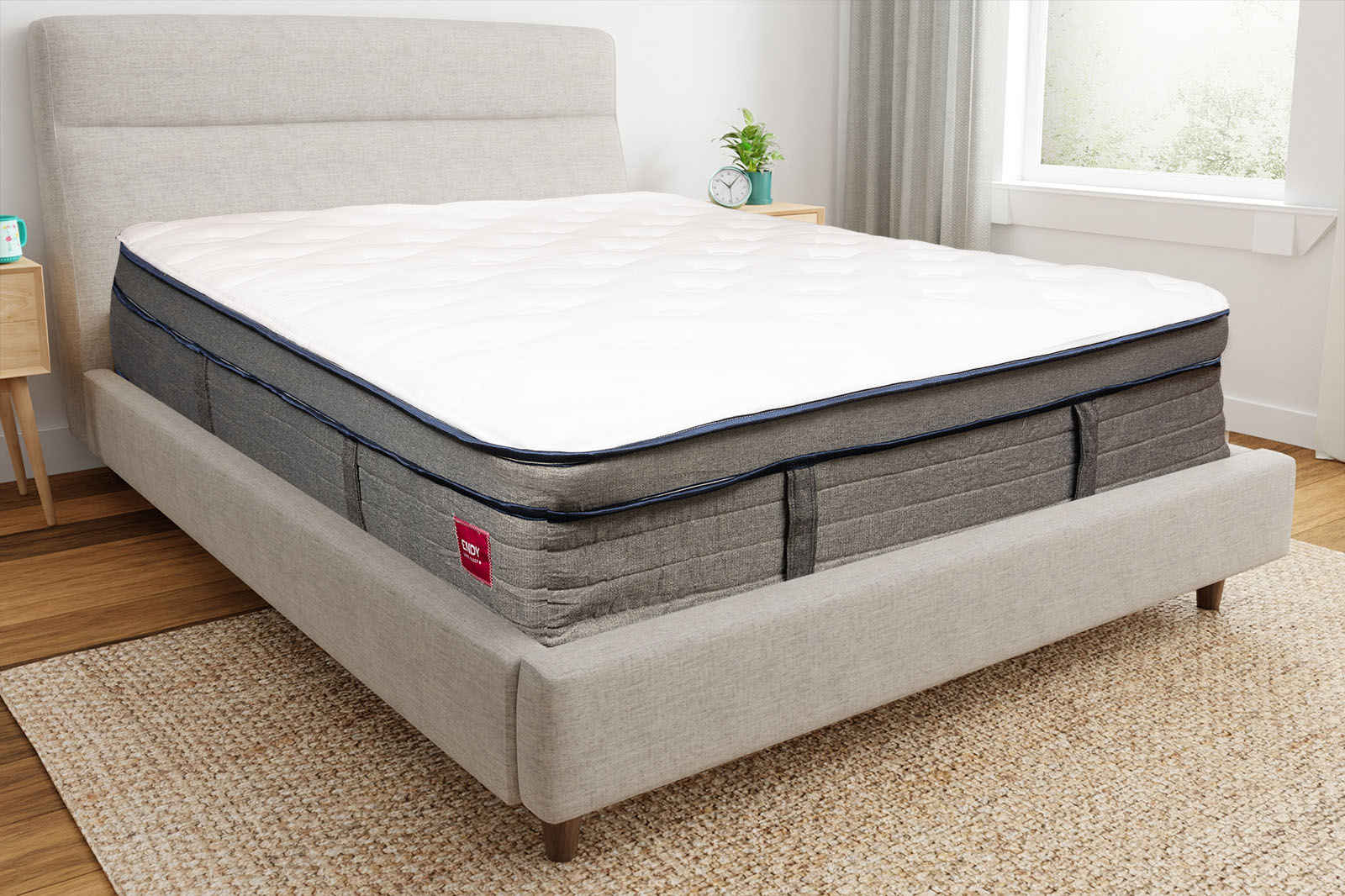 EndyHybrid2025CornerAngle MattressReviewscom Endy Hybrid mattress in a bed frame corner angle