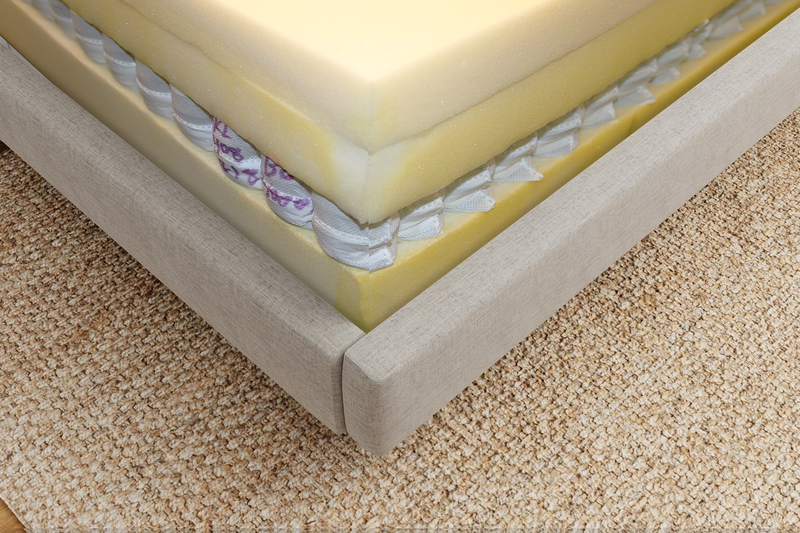 HelixInternalsCorner MattressReviewscom close up corner view of the internal layers of the Helix Midnight mattress