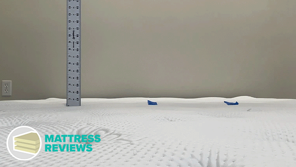 A medicine ball falling on top of a Hush hybrid mattress while a ruler measures how high the ball bounces.