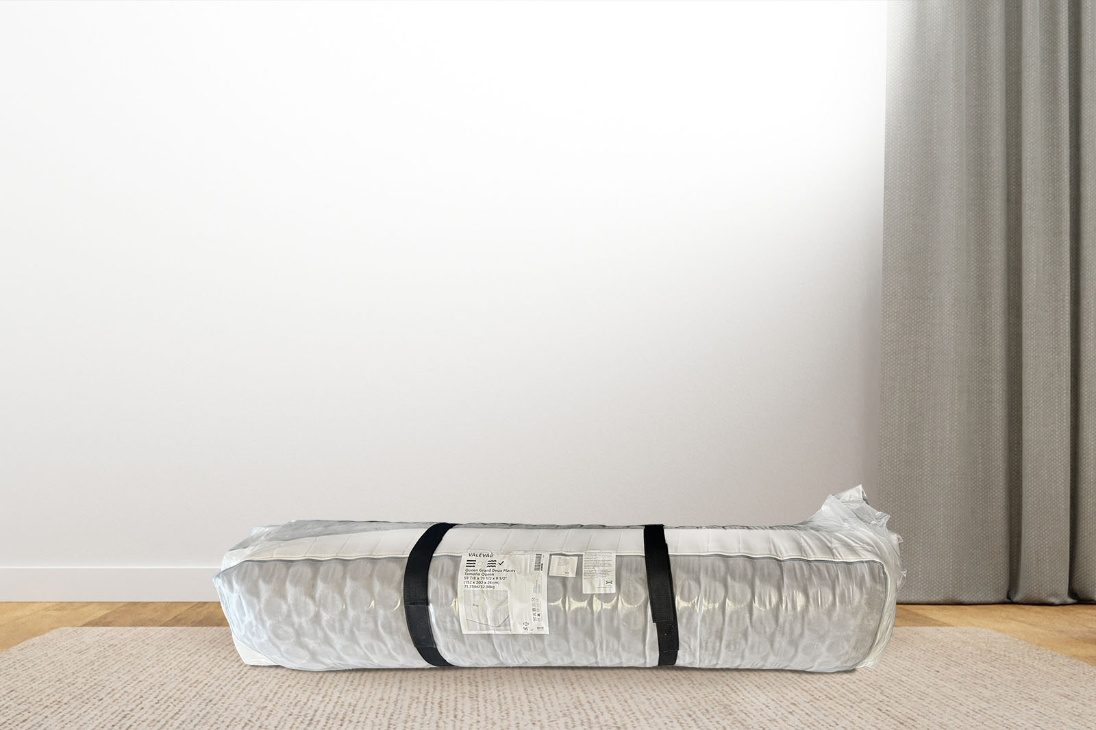 IkeaValevagBox MattressReviewscom Ikea Valevag laid down vertically on a carpet wrapped in packaging