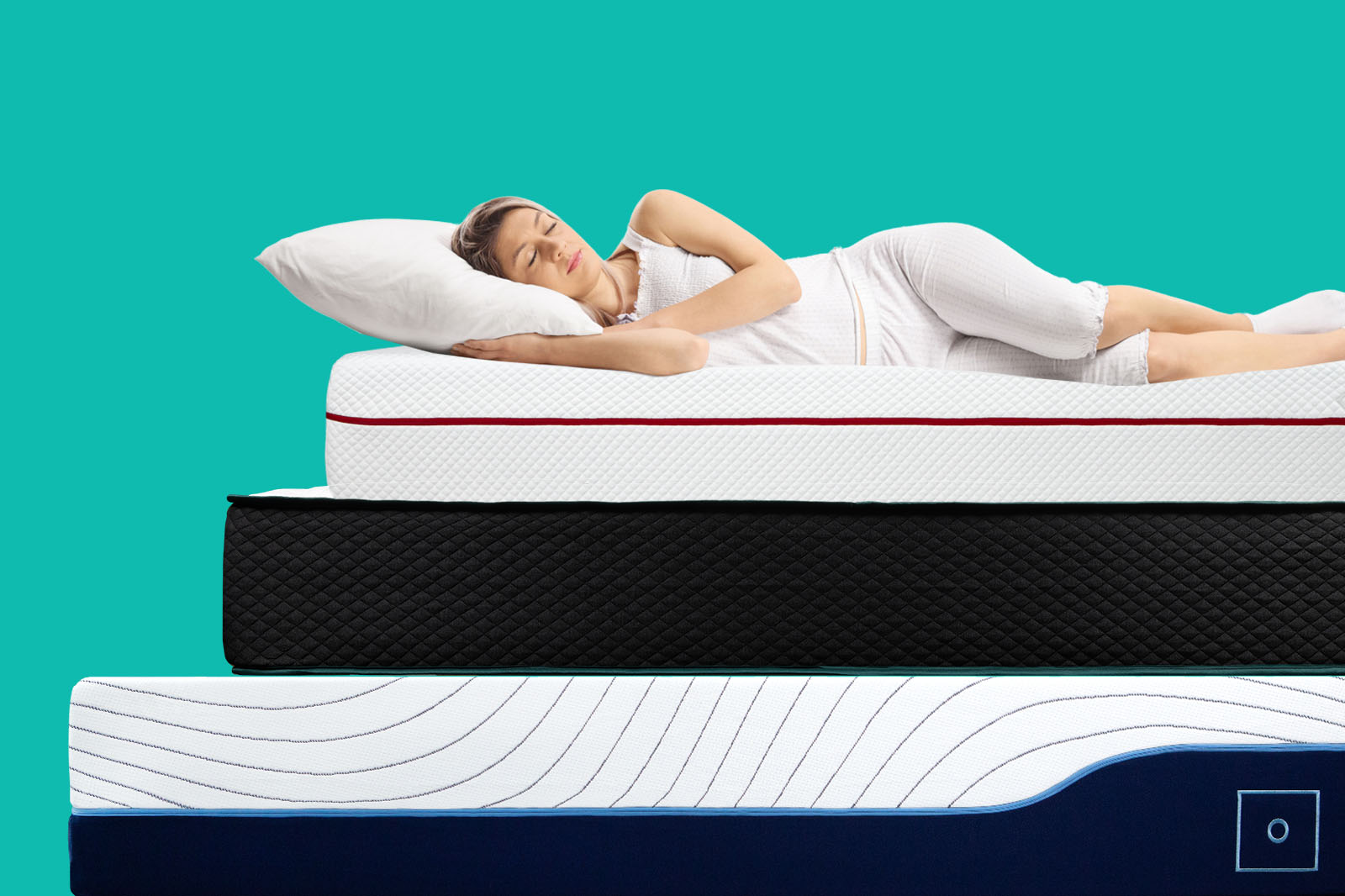 Header image of woman lying on top of a stack of GoodMorningcom mattresses