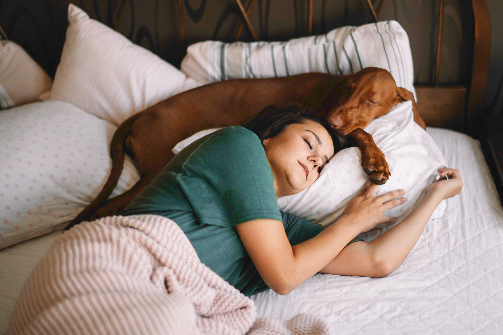 Image of a woman and her pet dog lying in bed