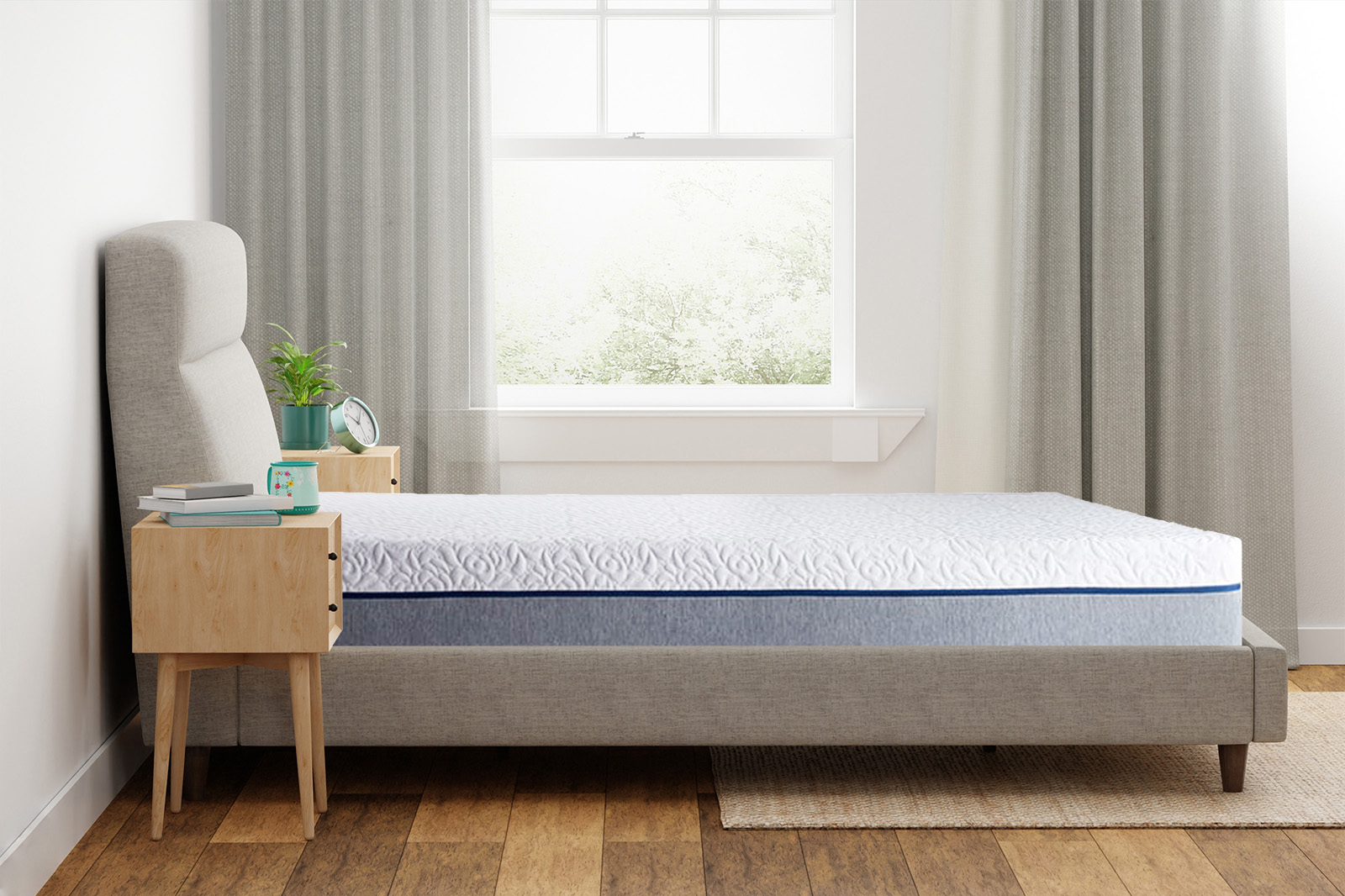 Side view of a Novosbed mattress on a bedframe in a bedroom