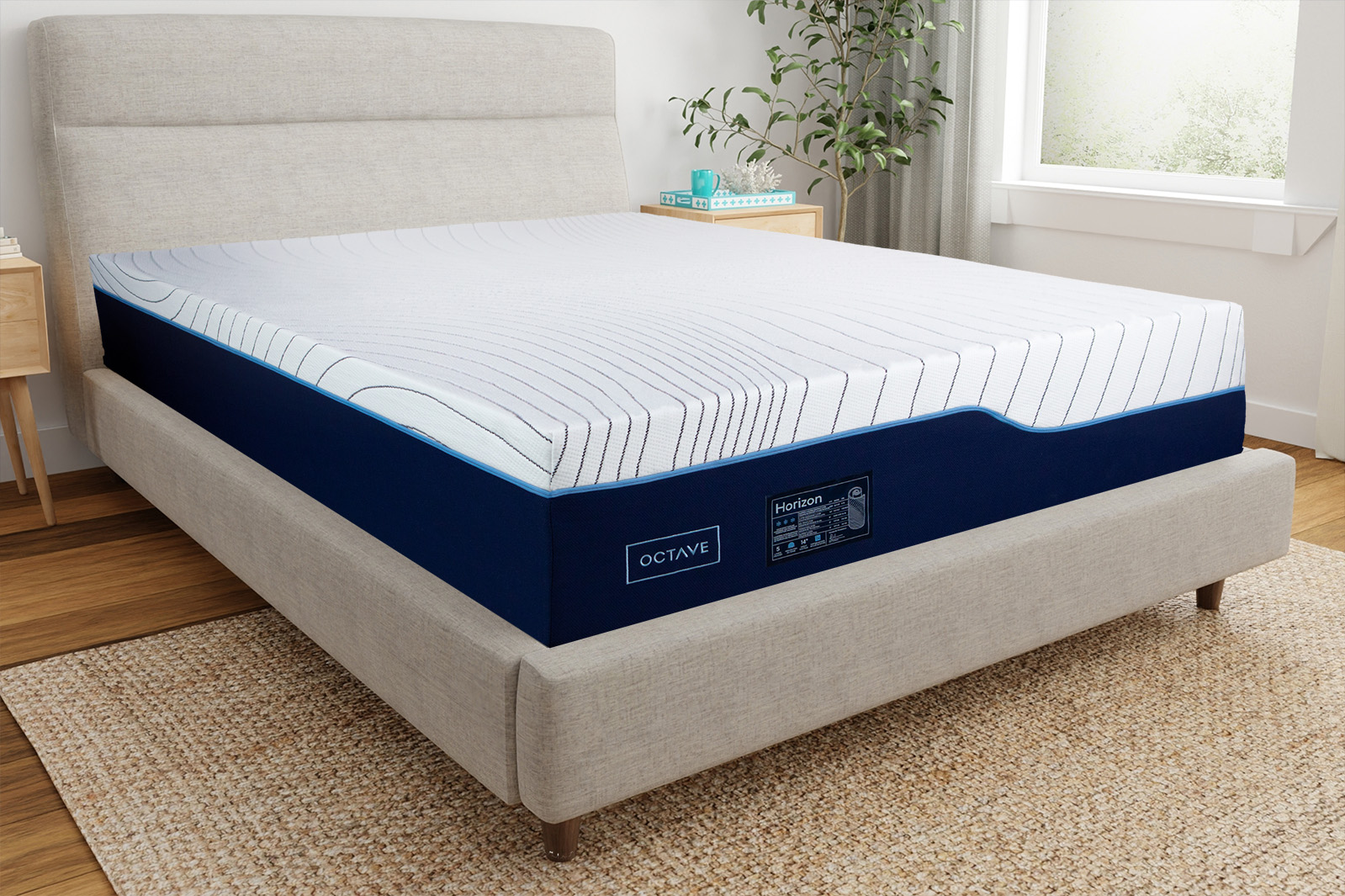 OCHorizonCornerAngle MattressReviewscom Corner view of the Octave Horizon mattress sitting on a bedframe in a bedroom