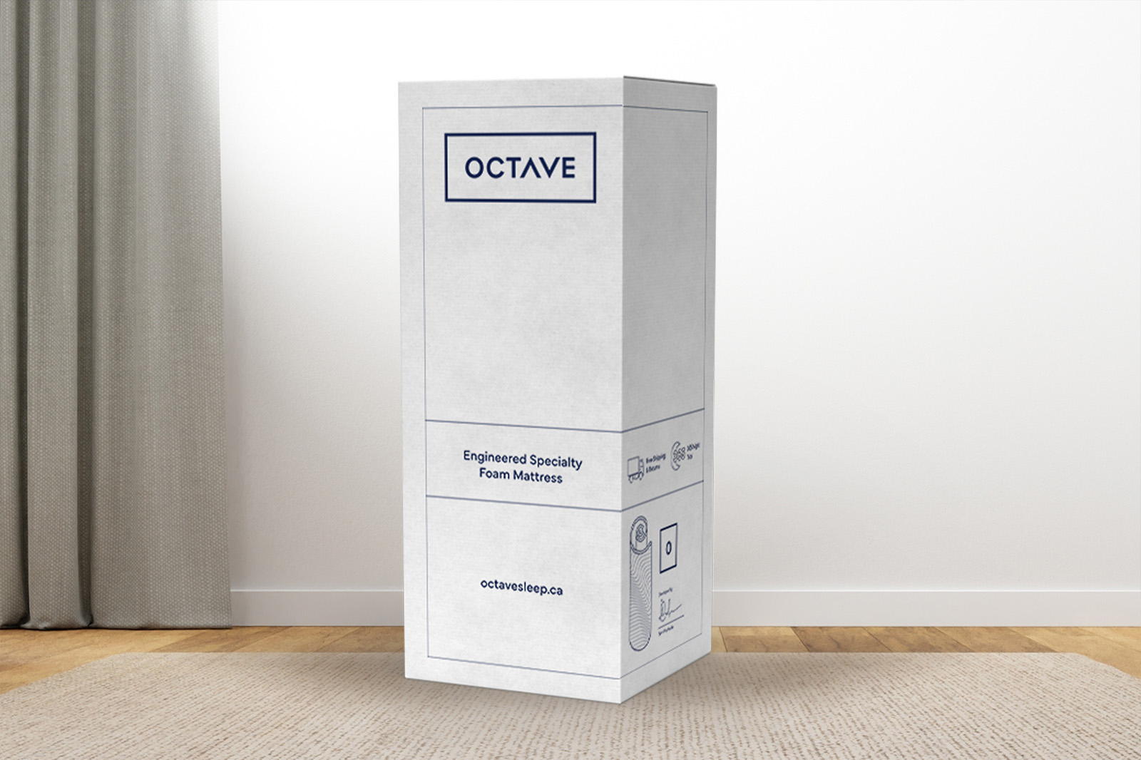 The octave mirage mattress box standing upright on a carpet