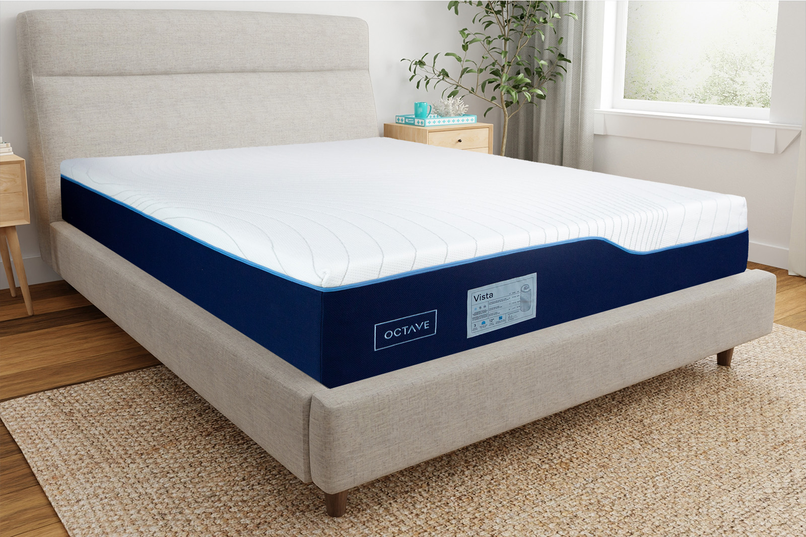 OCVistaCornerAngle MattressReviewscom Corner view of the Octave Vista mattress sitting on a bedframe in a bedroom