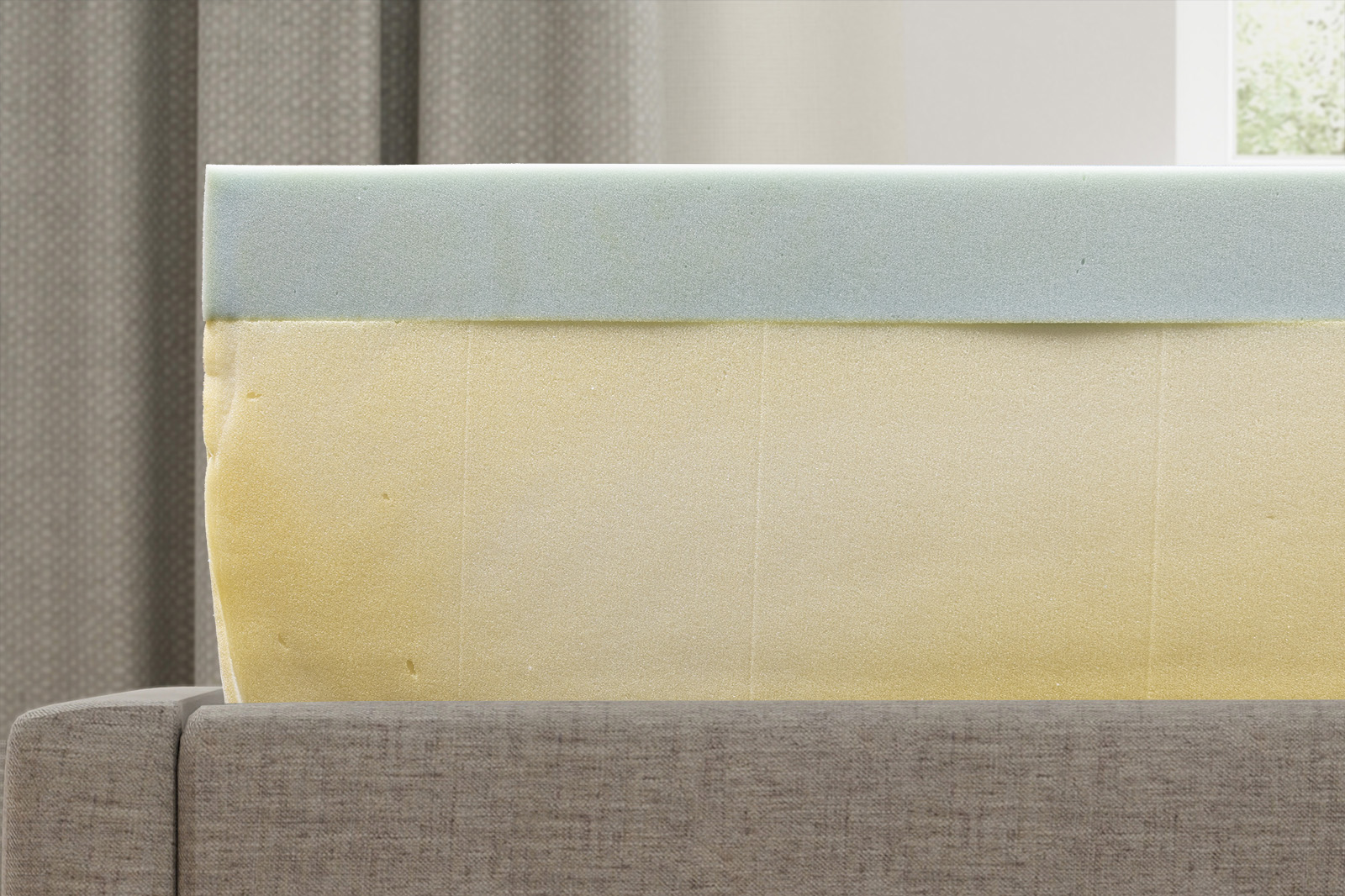 SealyOptimumChillTrioDioneInternalsSide MattressReviewscom close up side view of the internal layers of the Sealy Posturepedic Optimum Chill Trio Dione mattress