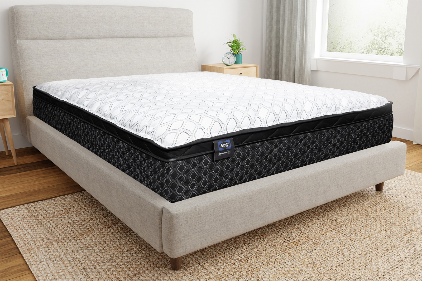 SealyPosturepedicHollycourtCornerAngle MattressReviewscom Corner view of the Sealy Posturepedic Hollycourt mattress on a bed