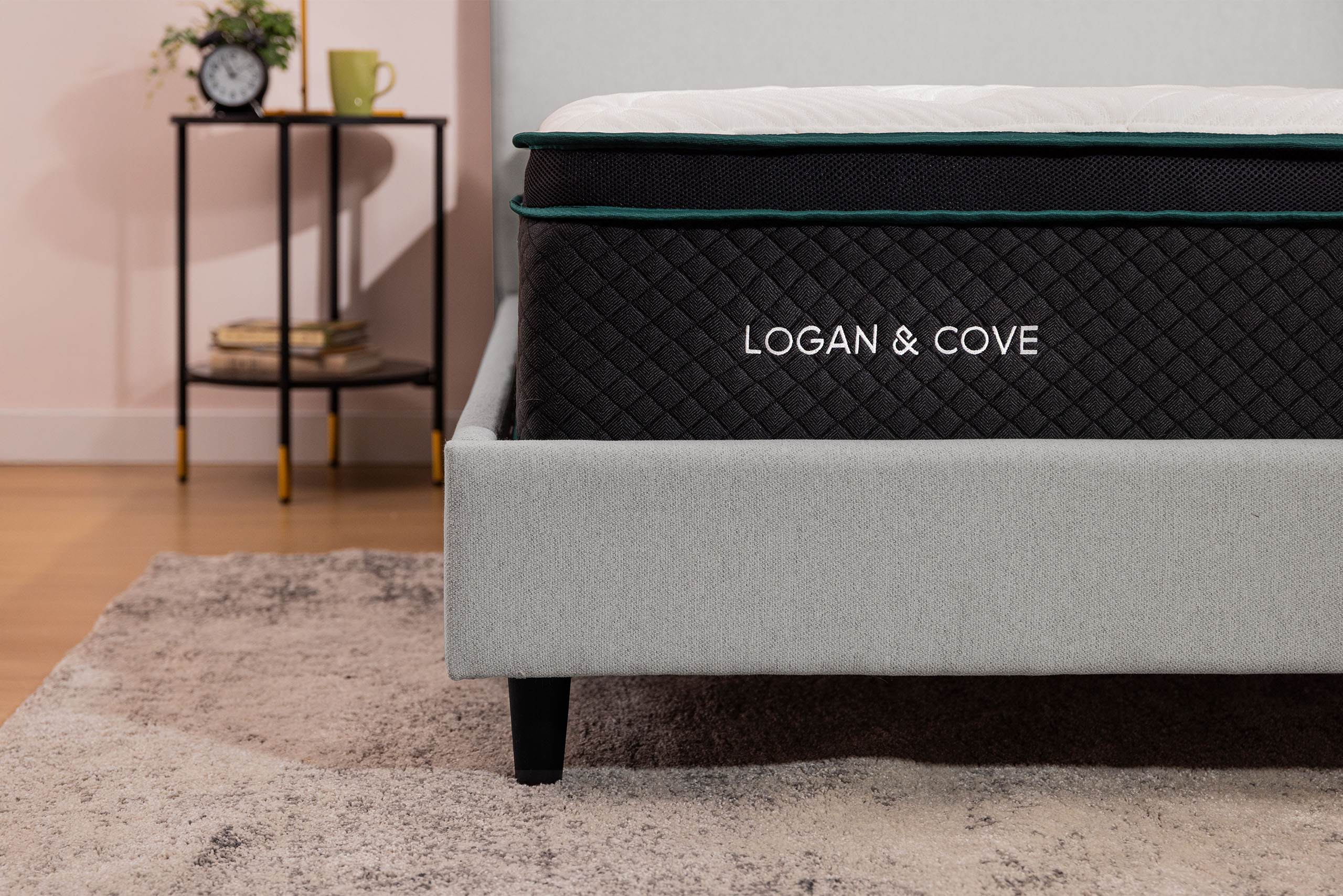 Picture of a Logan & Cove mattress on an Logan & Cove upholstered bed frame.